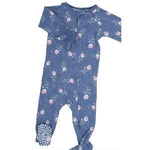 Sweet Bamboo Blue Roses Zipper Footie Baby Pajamas Sz 3-6 Mos Gender Reveal